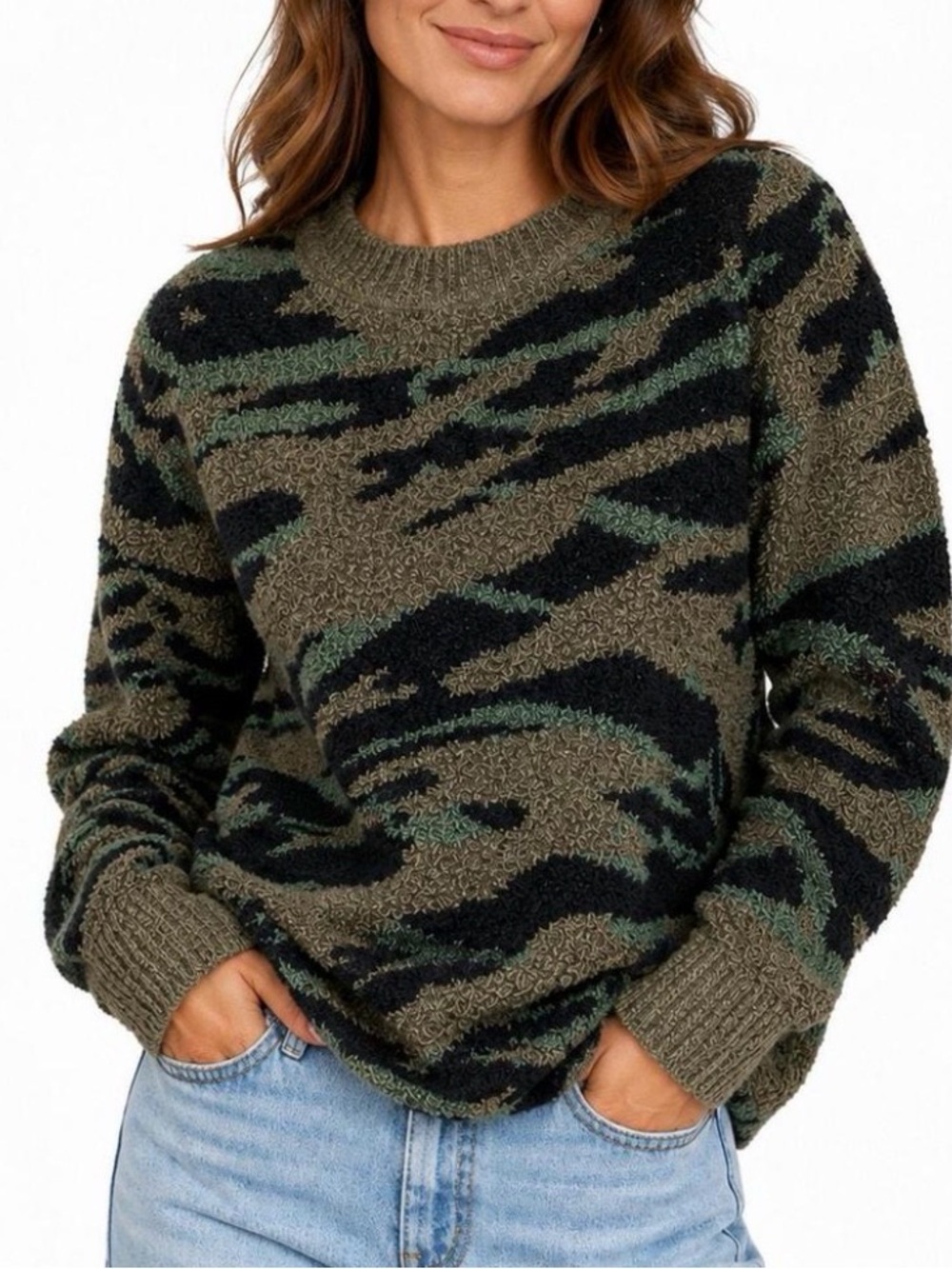 NWT Barefoot Dreams CozyChic Seaside Crewneck Green Camo Sweater L